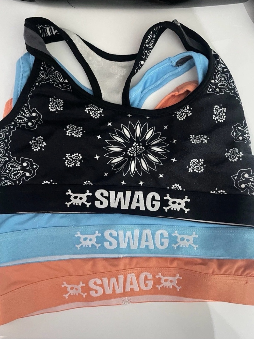 SWAG Bandana-Print Sports Bra - Black, Light Blue, Coral